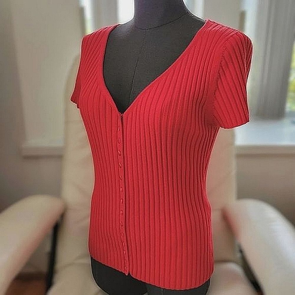 Vtg 90s Planet red rib knit fitted V-neck short sleeve cardigan